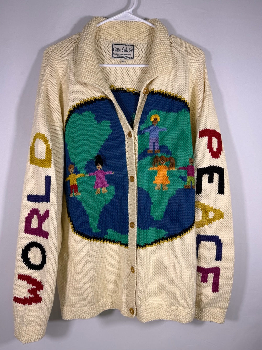 Cotton Salsa World Peace Hand Loomed Peru 100% Cotton Cardigan Sweater XL